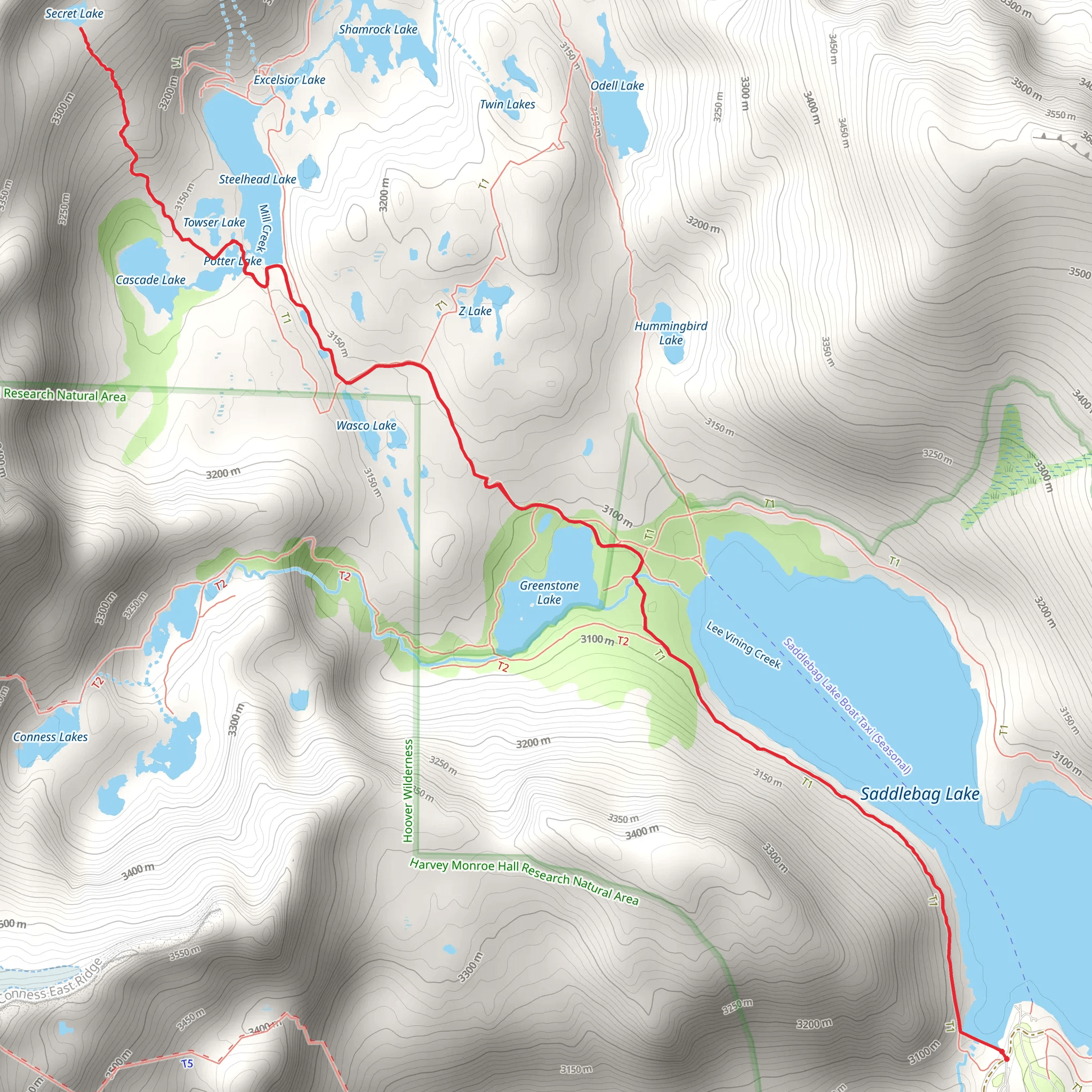 Steelhead Lake and Secret Lake via Saddlebag Lake Loop Trail mobile static map