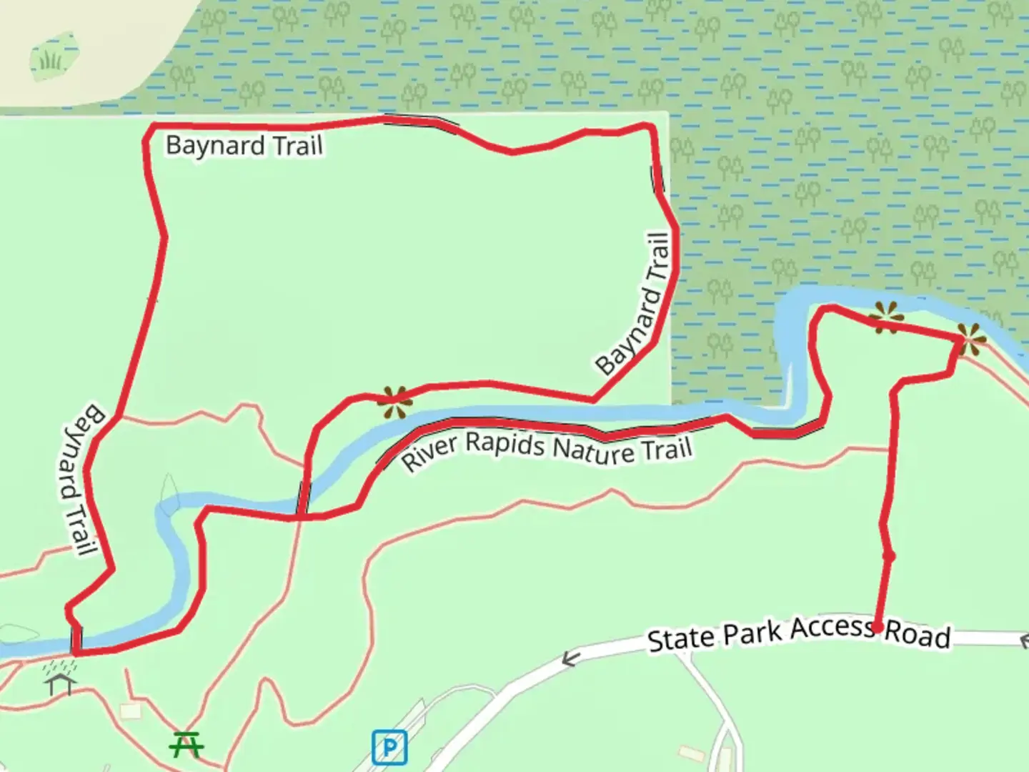 An image depicting the trail River Rapids Nature and Baynard Loop Trail and its surrounding area.