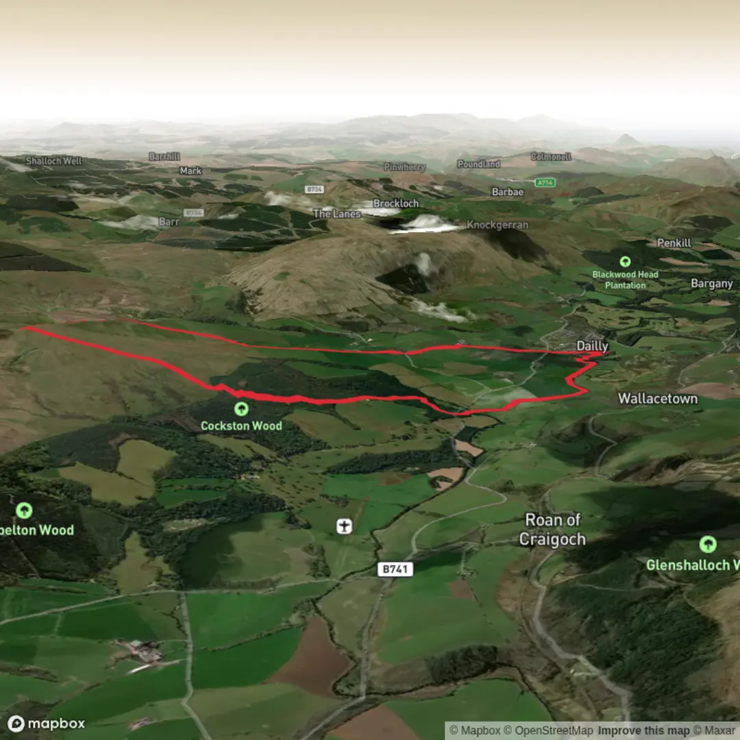 An image depicting the trail Dailly to Barony hill and back via Poundland farm and its surrounding area.