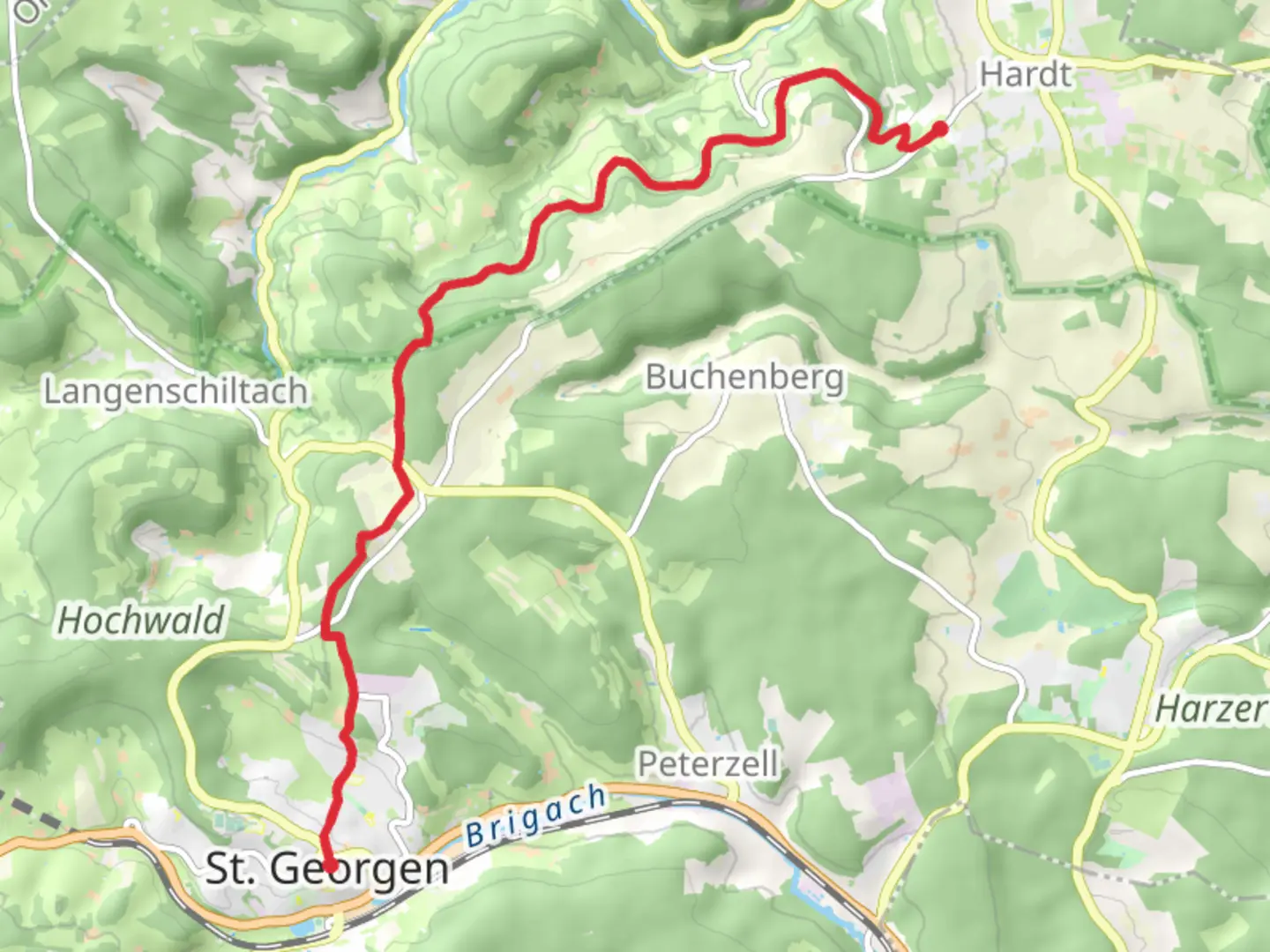 An image depicting the trail St Georgen to Hardtschmiede via Mulpenbuehl - Langenberg and its surrounding area.