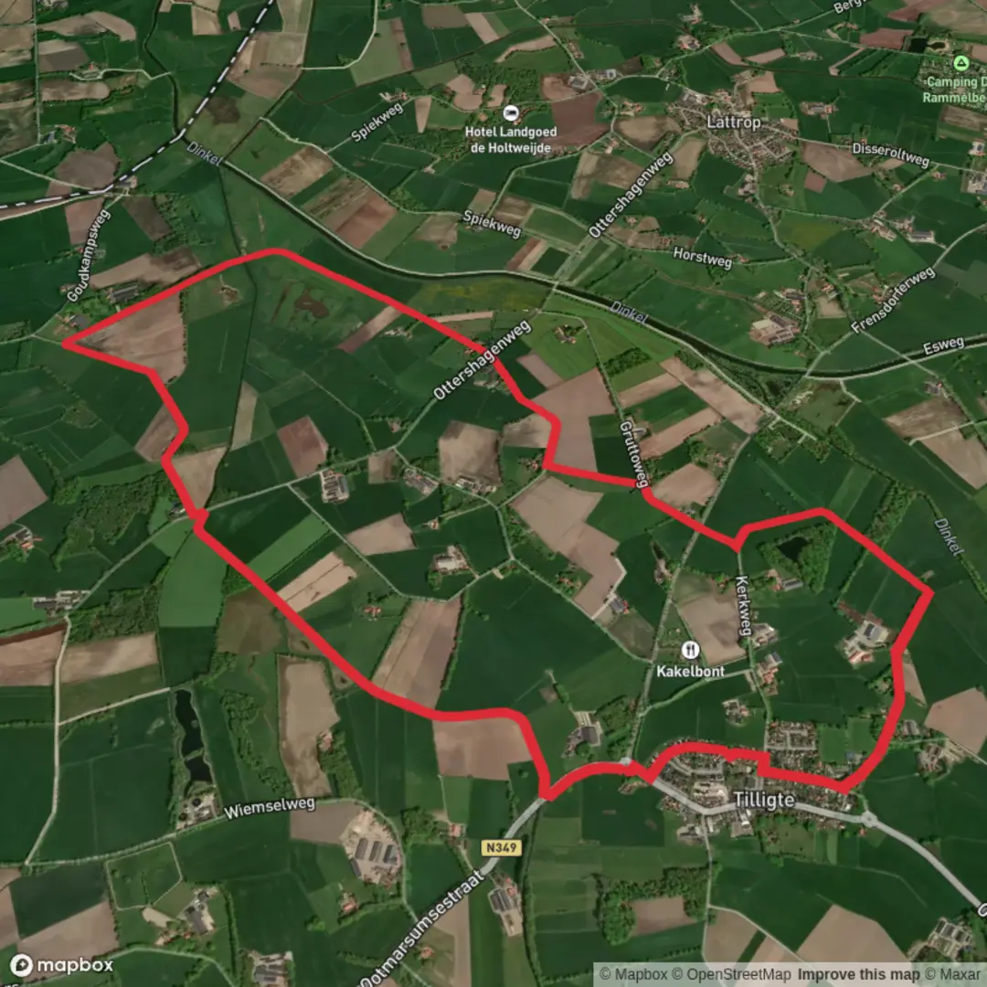 An image depicting the trail WNW Twente Tilligte Rode Route and Dinkelpad Loop and its surrounding area.
