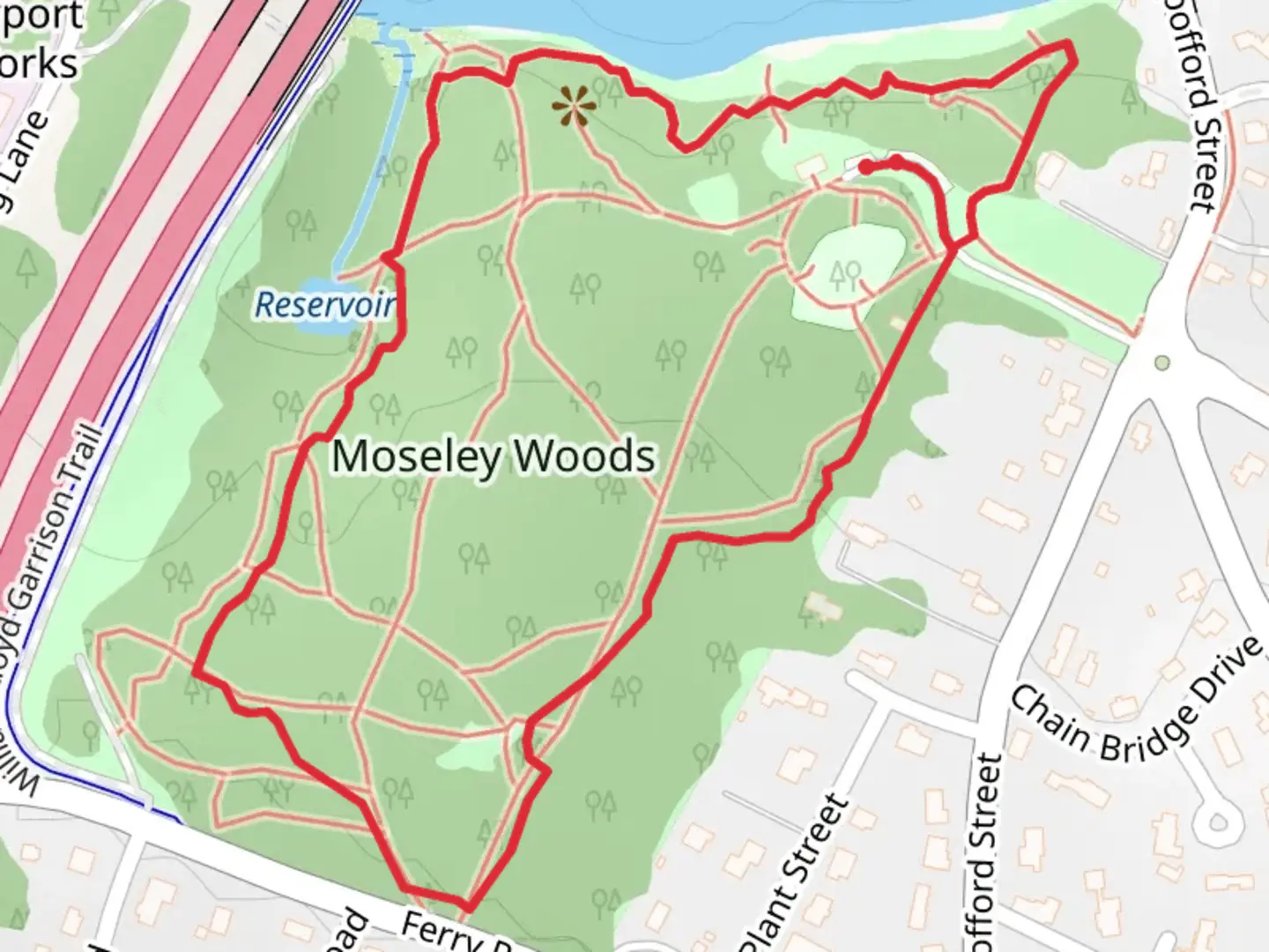 An image depicting the trail Moseley Woods Loop and its surrounding area.