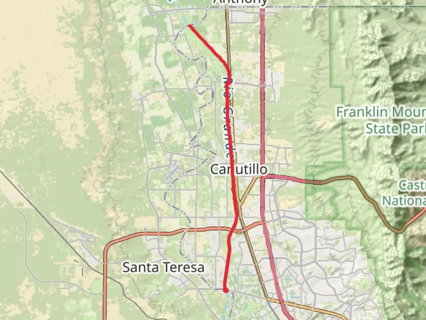 An image depicting the trail Canutillo Avenue via Rio Grande and its surrounding area.