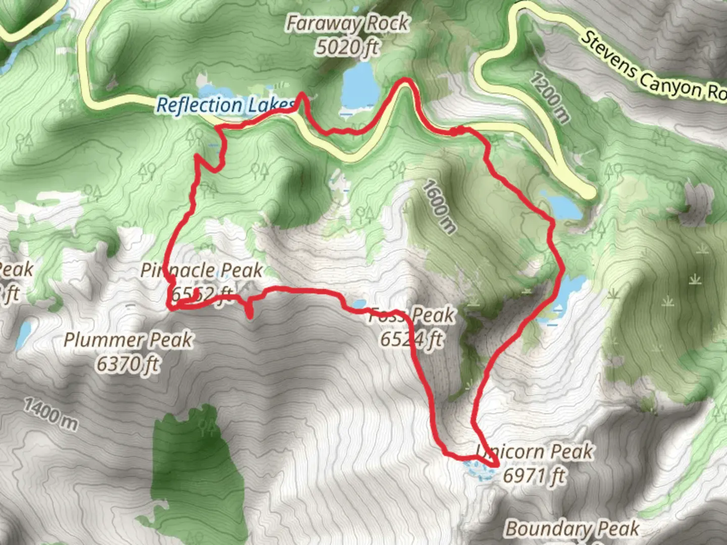 An image depicting the trail Foss Peak via Unicorn Peak and Pinnacle Peak Trail and its surrounding area.