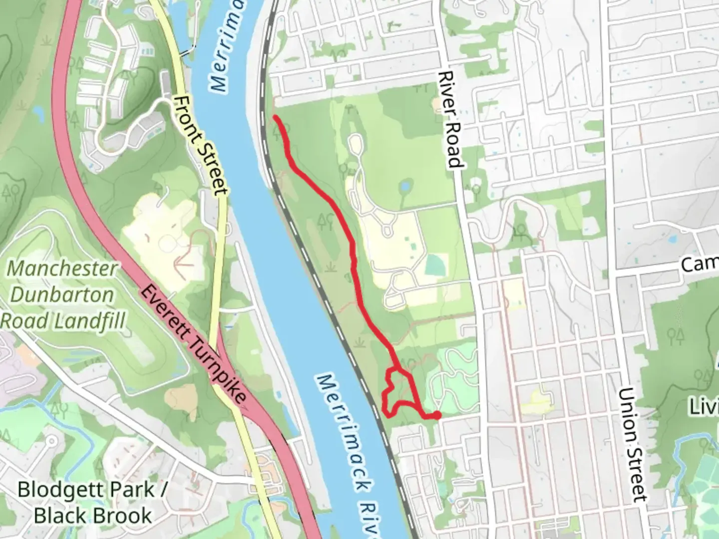 An image depicting the trail Merrimack River from Stark Park and its surrounding area.