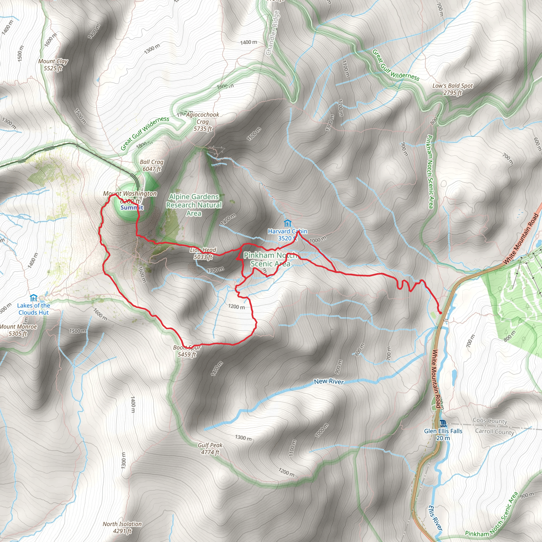 Mount Washington, Davis Path, Boott Spur Loop via Pinkham Notch mobile static map
