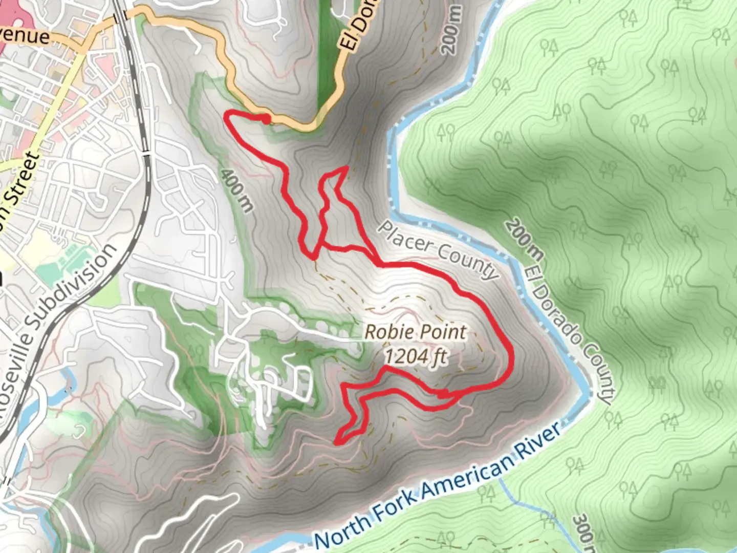 An image depicting the trail Robie Point Fire Break Trail and Riverview Trail Loopop and its surrounding area.