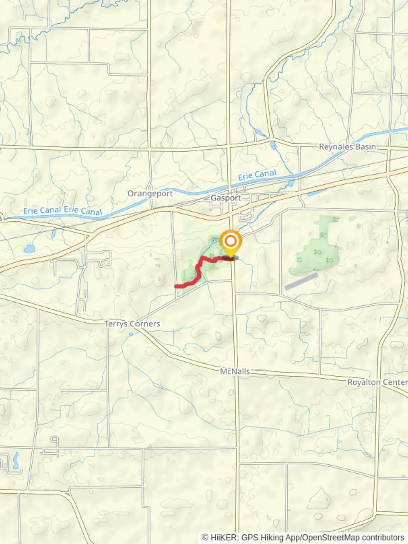 An image depicting the trail Red trail from Gasport Road and its surrounding area.