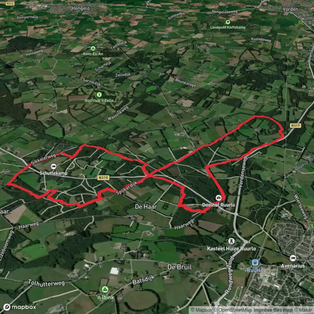 An image depicting the trail Schutterstede and Boswacherij Ruurlo via Hengelose Weg and its surrounding area.