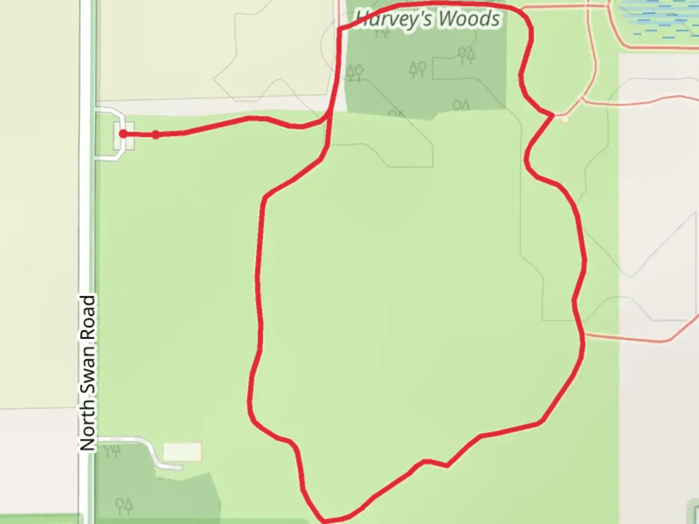 An image depicting the trail Harvey's Woods Loop - Short and its surrounding area.