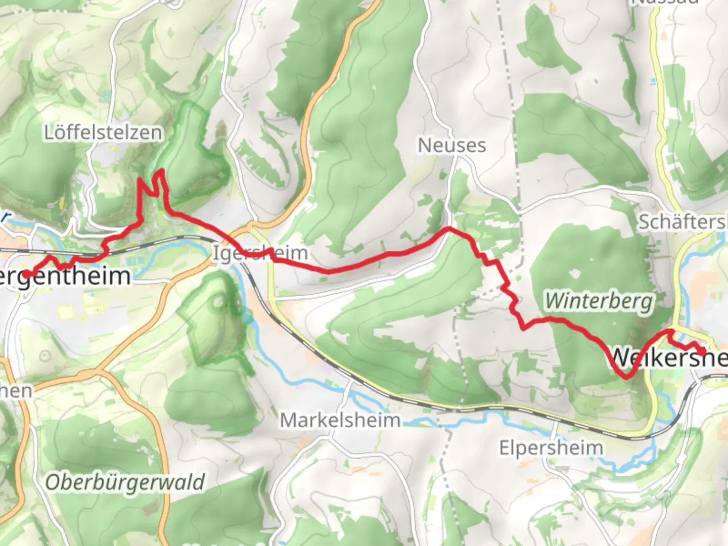 An image depicting the trail Weikersheim to Bad Mergentheim via Gebiets Wanderweg and its surrounding area.