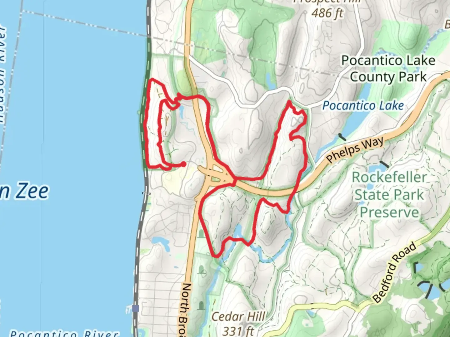 An image depicting the trail Gory Brook and Pocantico River Loop and its surrounding area.