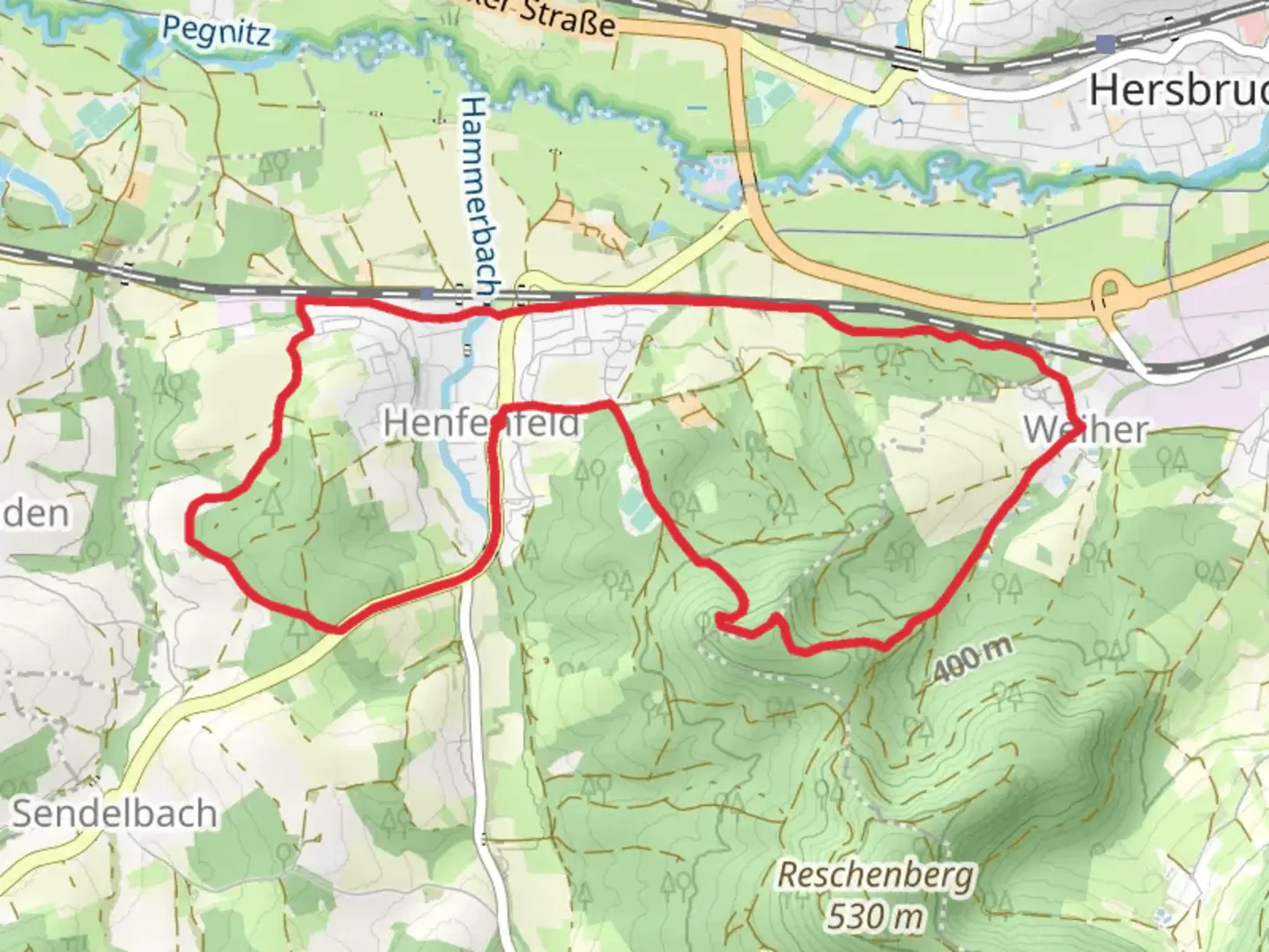 An image depicting the trail Henfenfeld to Weiher Loop via Klosterberg and its surrounding area.