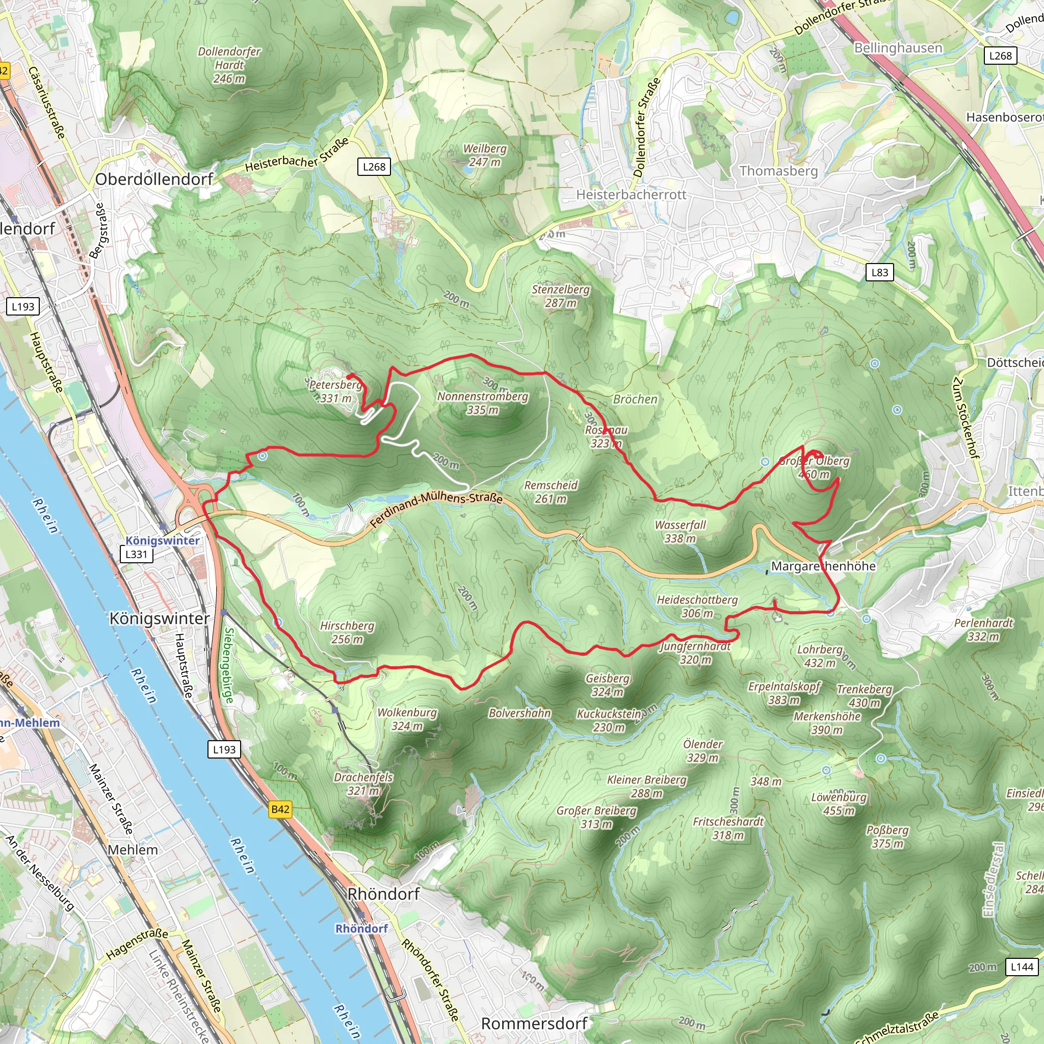 Petersberg, Großer Ölberg and Margarethenhöhe Loop via Nonnenstrombergstraße mobile static map