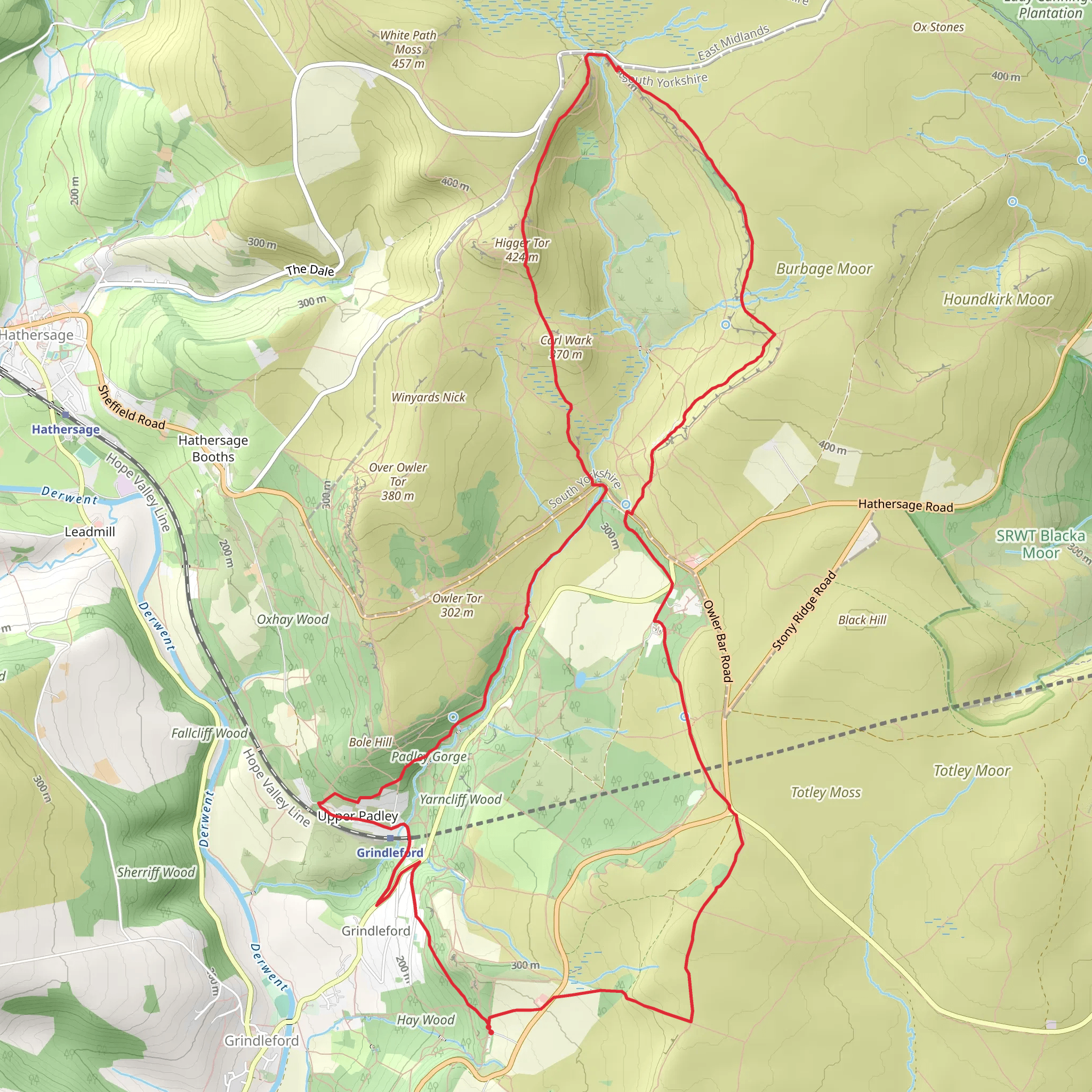 Burbage Rocks and Padley Gorge from Hay Wood mobile static map