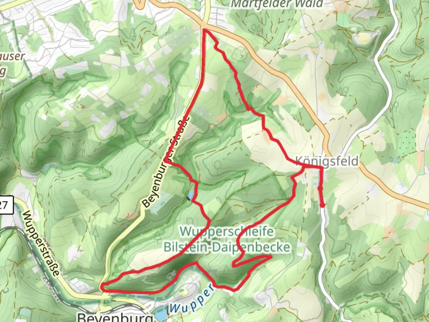 An image depicting the trail Wupper via Spreeler Weg and its surrounding area.