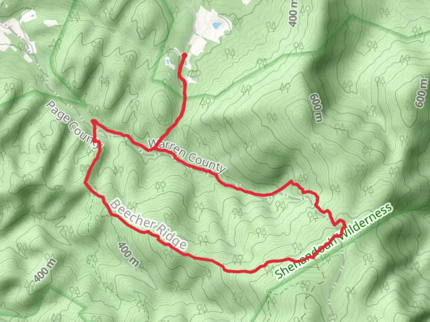 An image depicting the trail Overall Run and Beecher Ridge Loop Trail and its surrounding area.