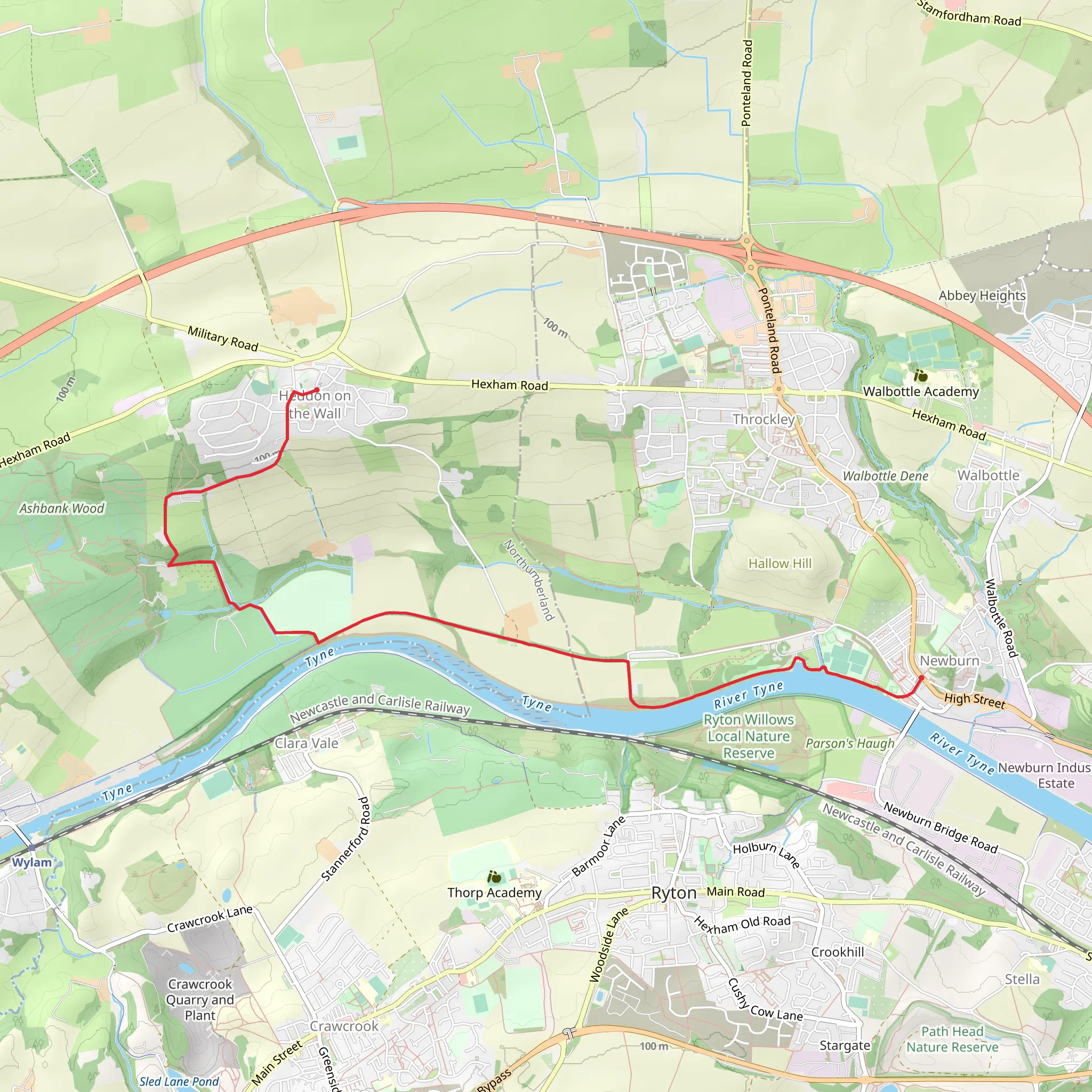 Hemmel Wood and River Tyne via Hadrian's Wall Path mobile static map