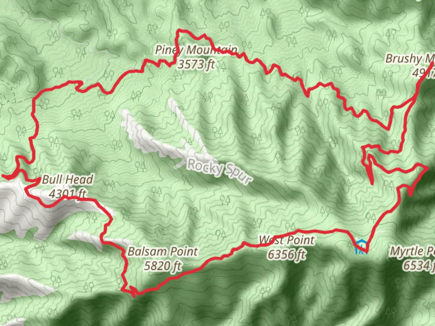 An image depicting the trail Trillium Gap, Brushy Mountain and Bull Head Loop Trail and its surrounding area.