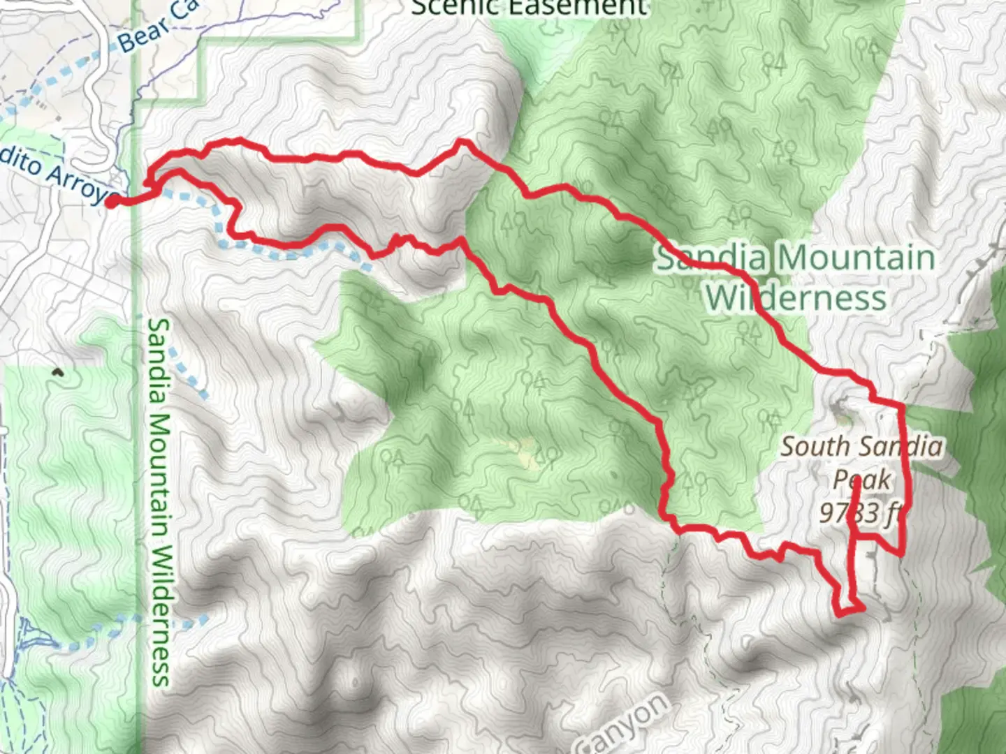 An image depicting the trail Oso Ridge, South Sandia Peak and Embudito Loop Trail and its surrounding area.