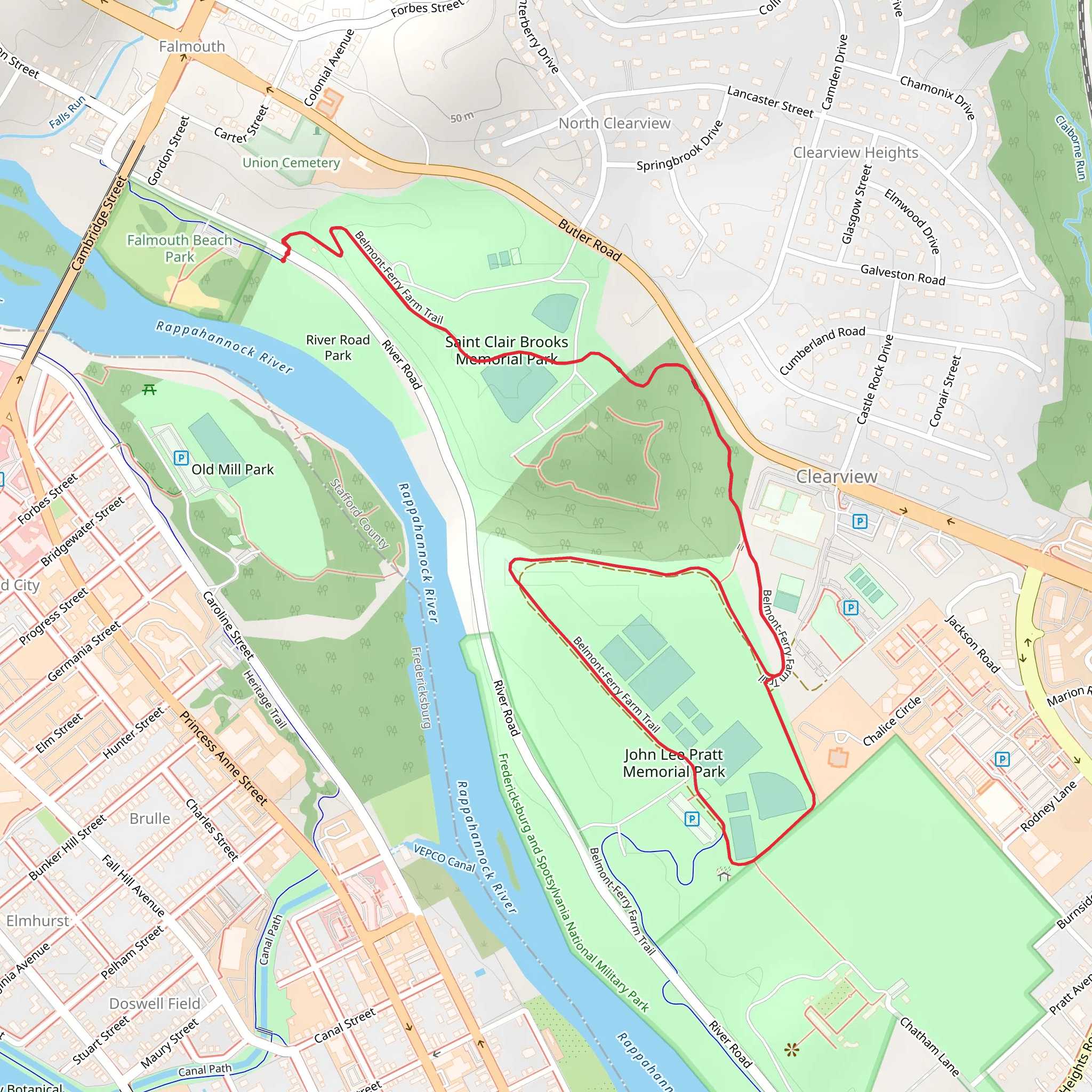John Lee Pratt Memorial Park and Belmont Ferry Farm Loop Trail mobile static map