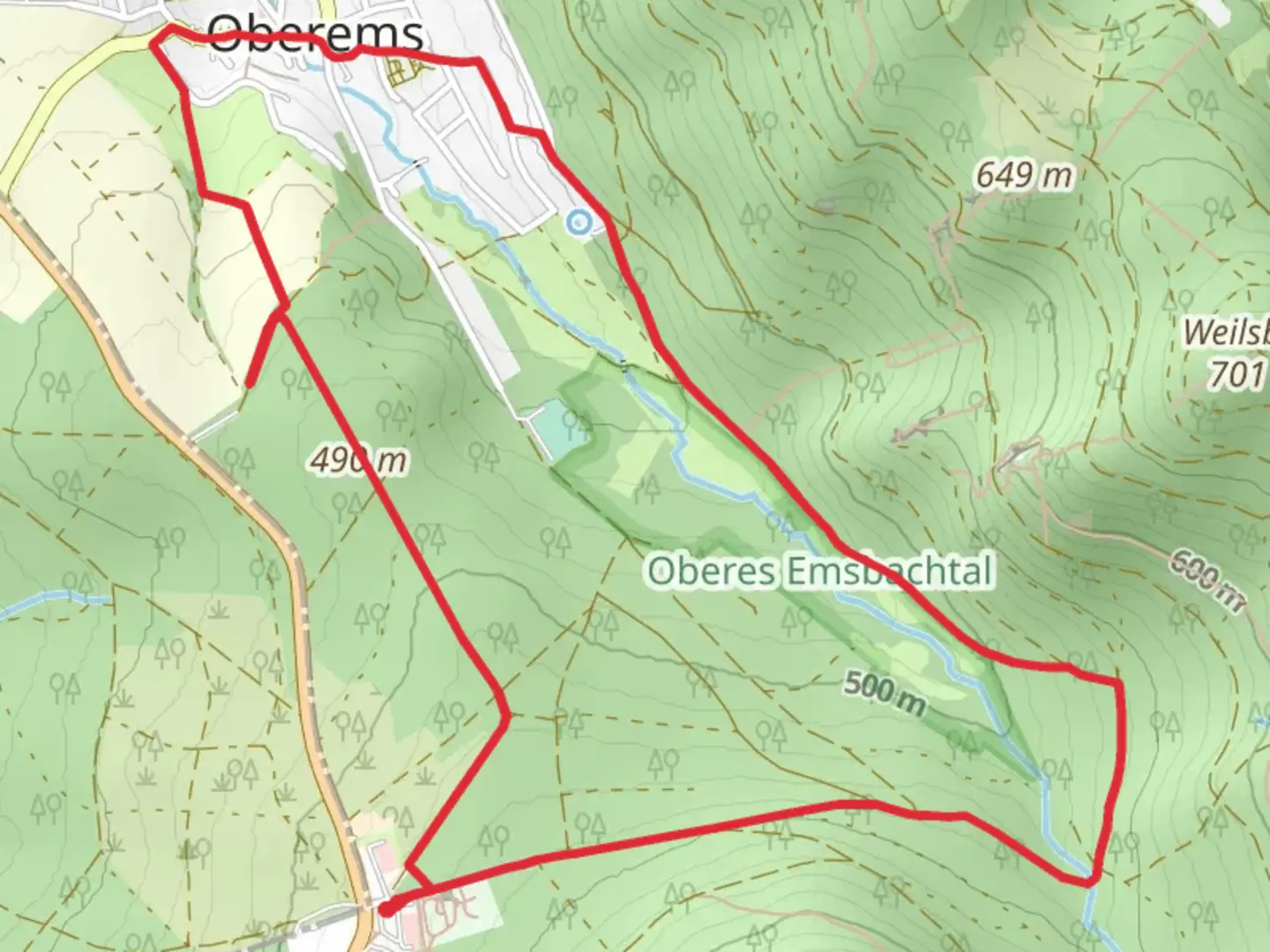 An image depicting the trail Emstalweg, Waldglasweg and Hobholzweg and its surrounding area.