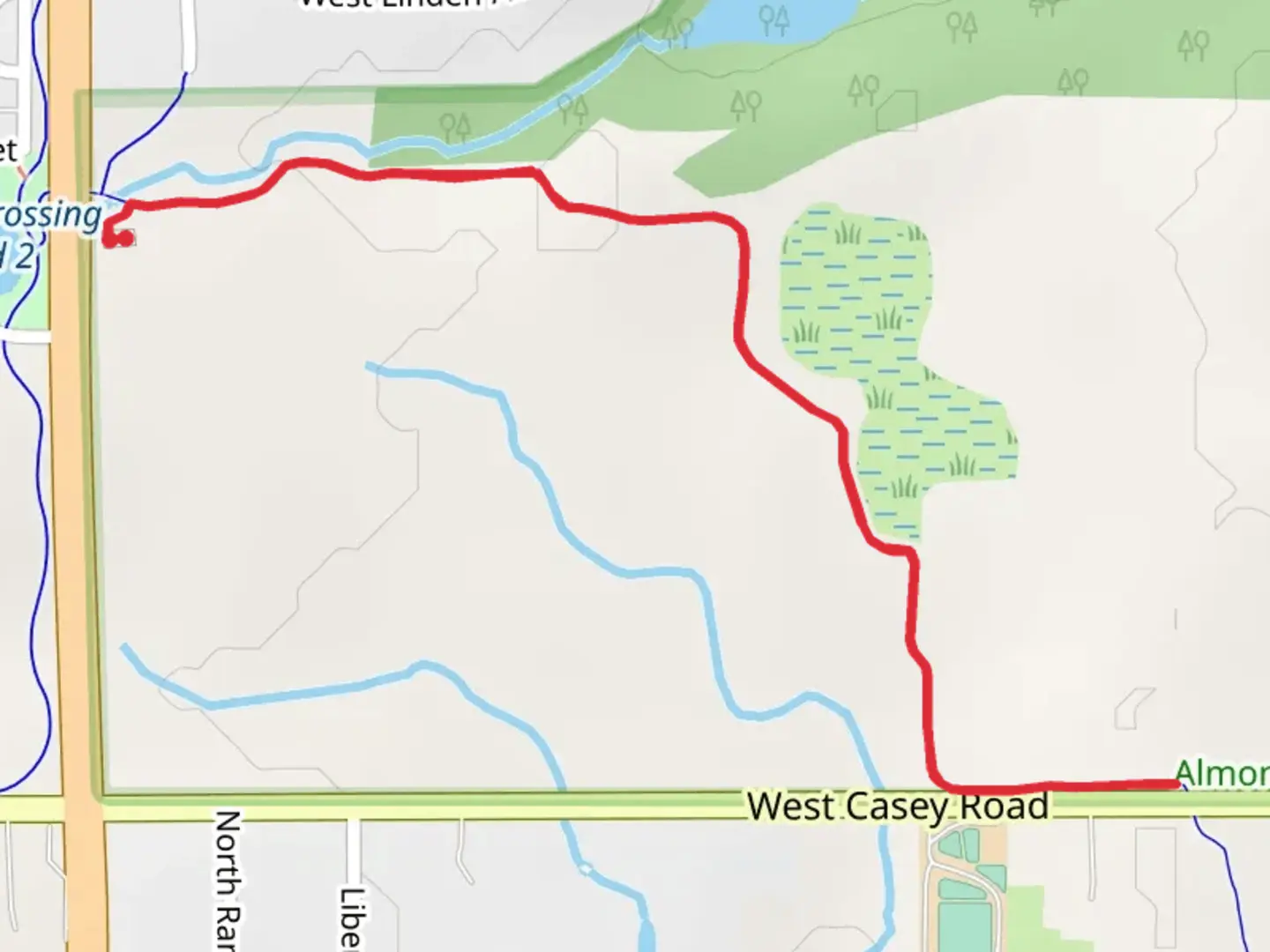 An image depicting the trail Casey Trail Out and Back and its surrounding area.