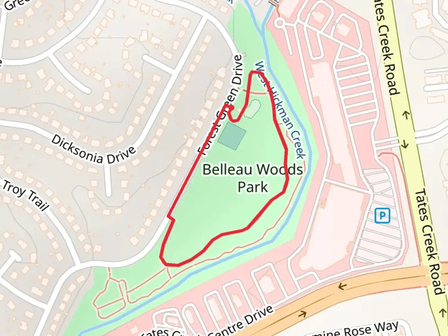 An image depicting the trail Belleau Woods Park Loop and its surrounding area.