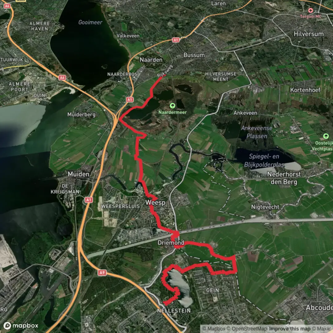 An image depicting the trail Nellestein to Overscheensche Polder via Gaasperplas, Aqua Marin and Groote Meer and its surrounding area.