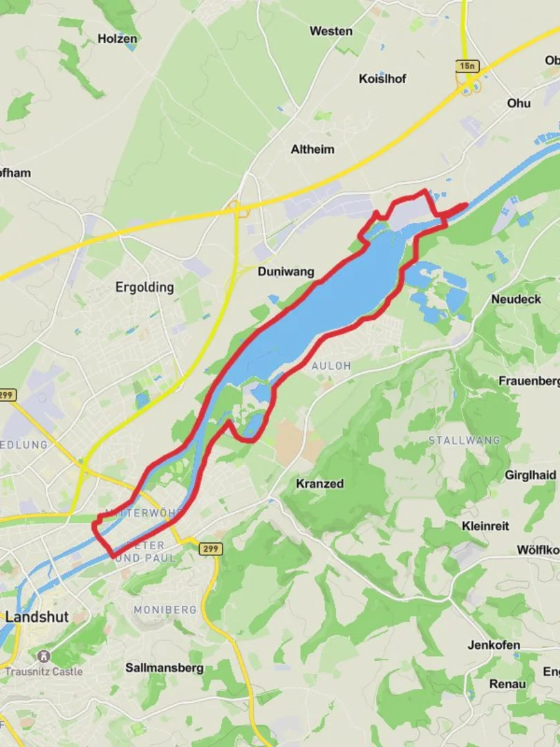 An image depicting the trail Mitterwohr and Stausee Altheim Loop and its surrounding area.