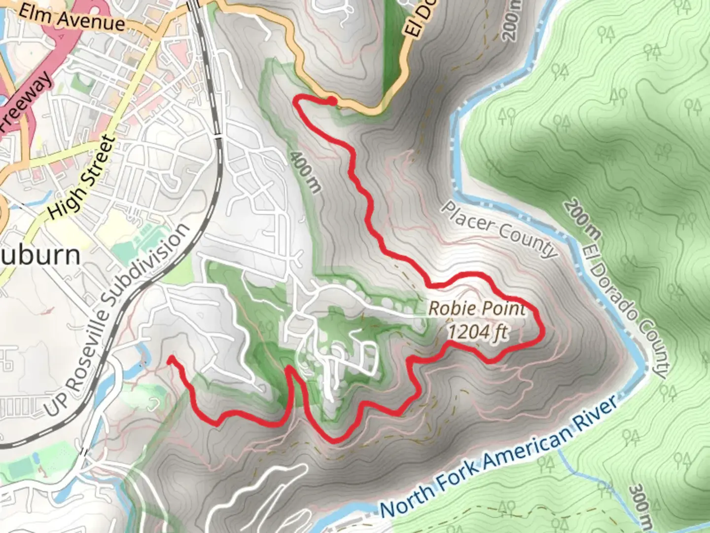 An image depicting the trail Robie Point Fuel Break Trail and its surrounding area.
