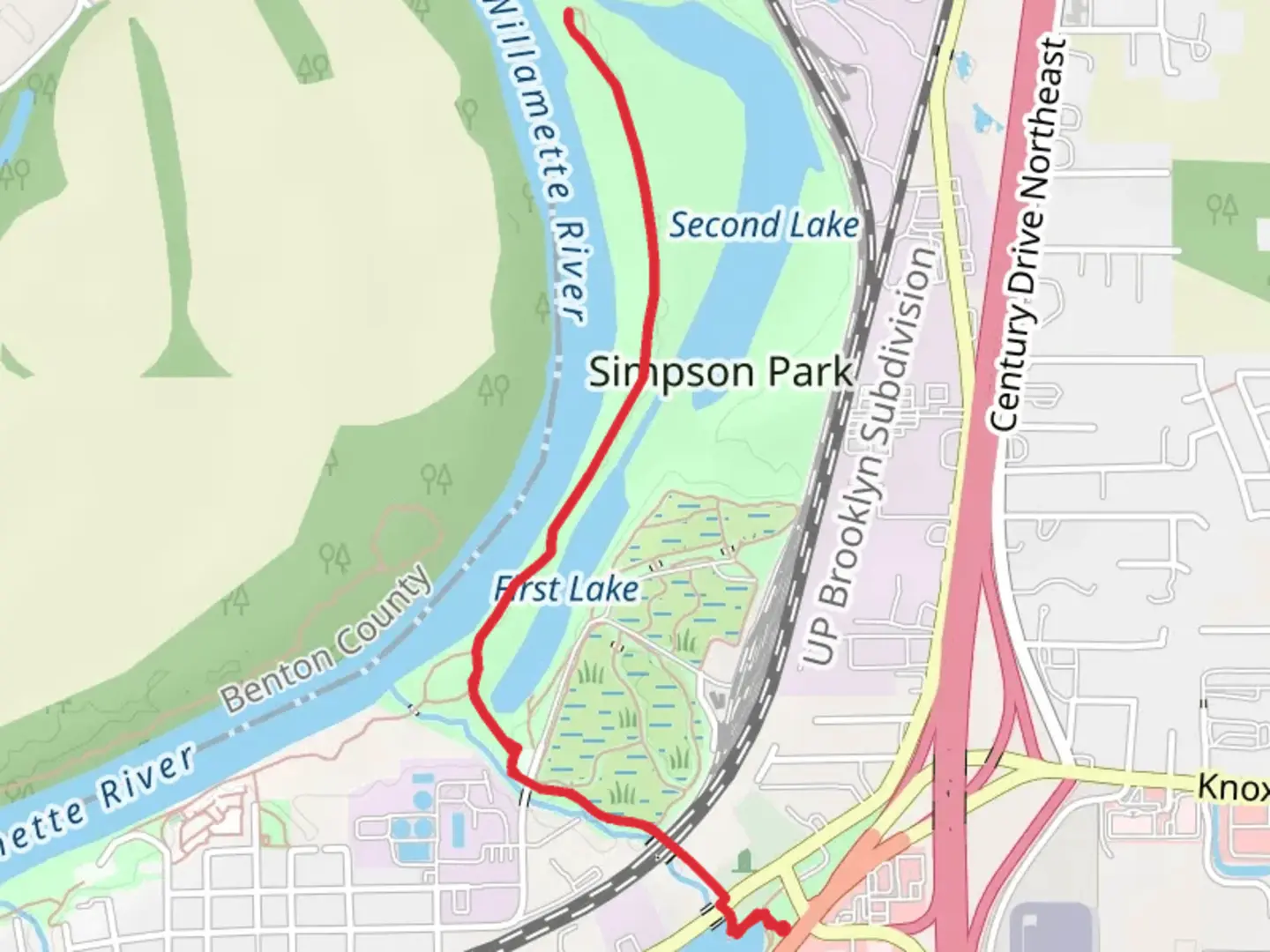 An image depicting the trail Simpson Park from Waverly Lake Park and its surrounding area.