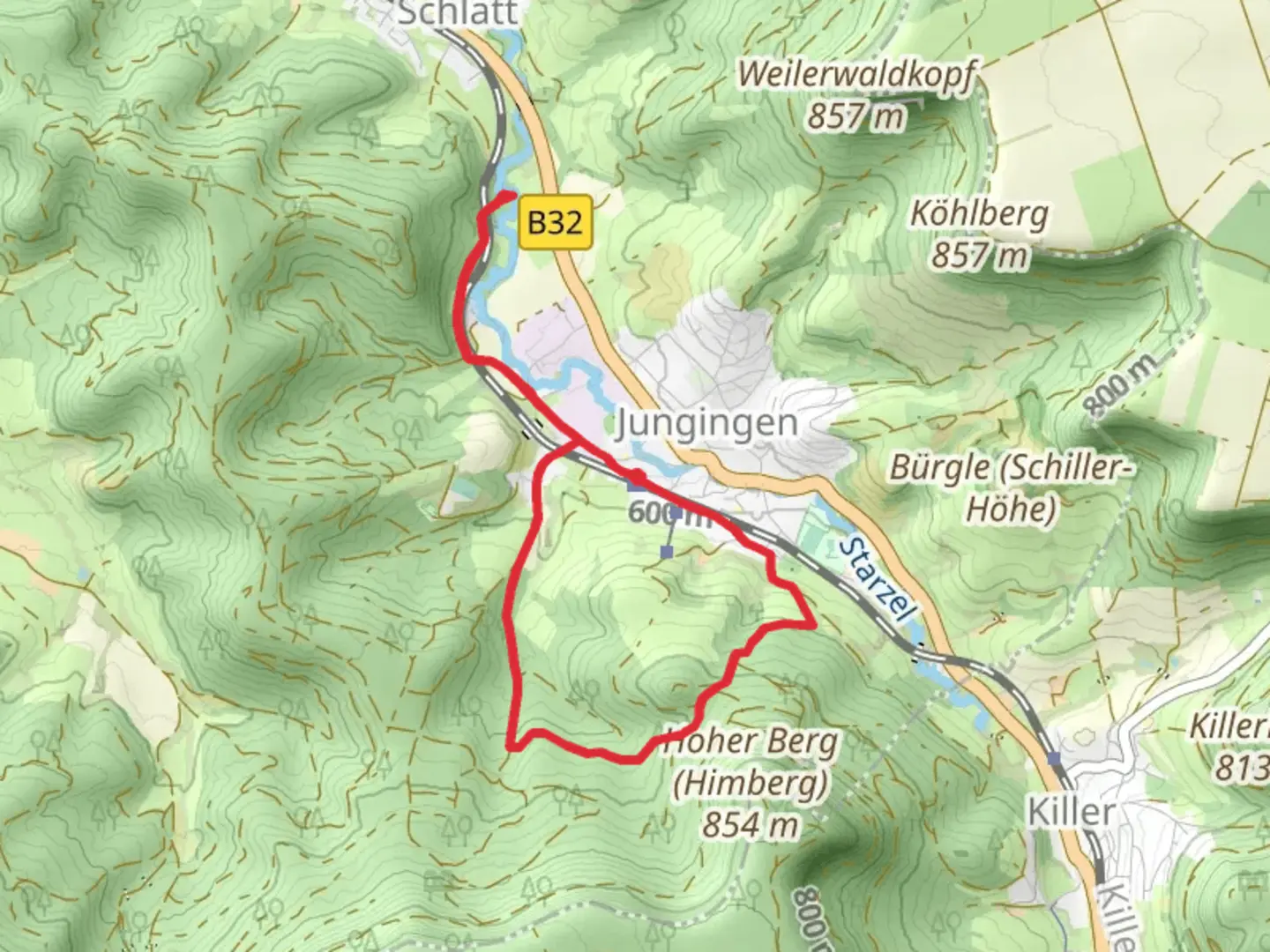 An image depicting the trail Wasserfall Weiler Schrofen via Hauweg and its surrounding area.