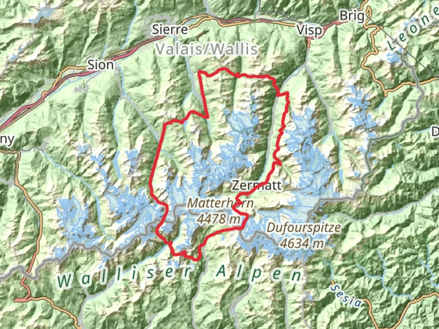 An image depicting the trail Tour of the Matterhorn and its surrounding area.
