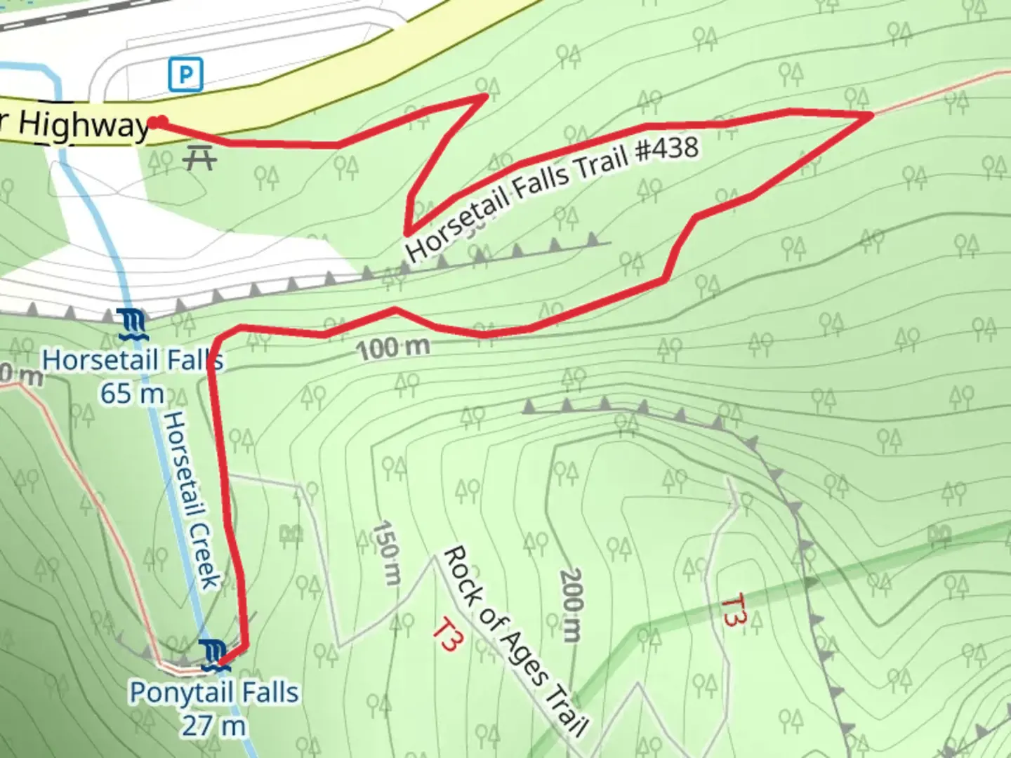 An image depicting the trail Horsetail Falls Trail - Short and its surrounding area.