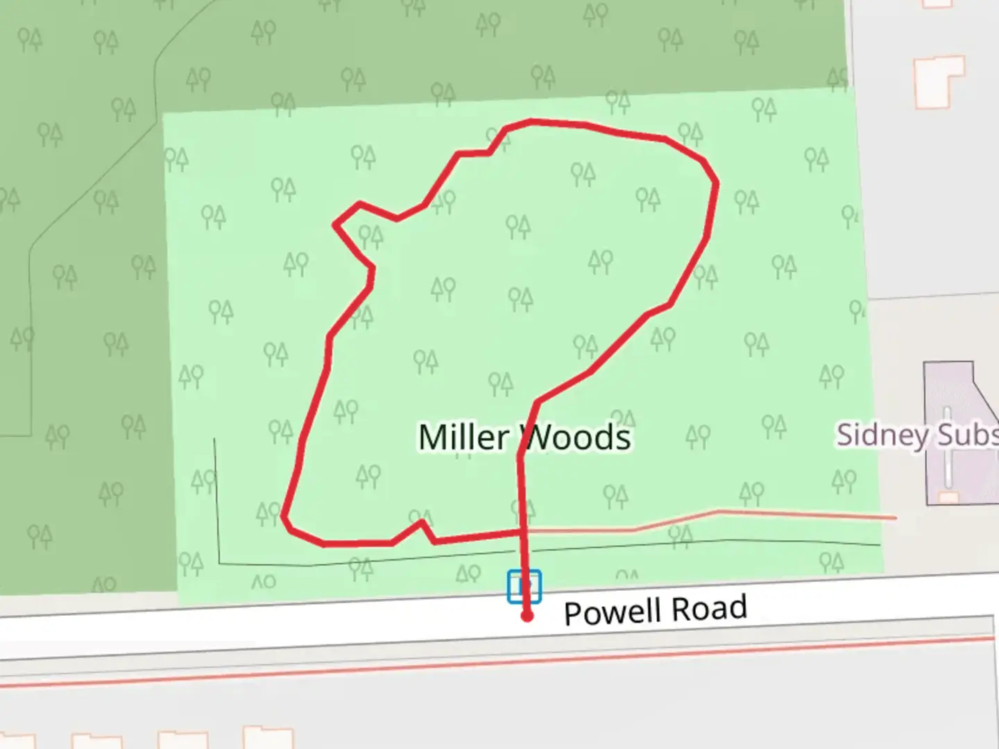 An image depicting the trail Miller Woods Loop and its surrounding area.