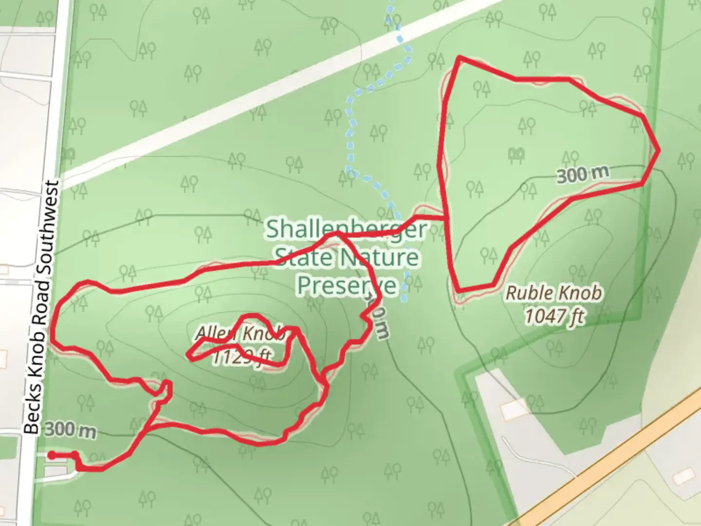An image depicting the trail Allen Knob and Ruble Knob Loop and its surrounding area.