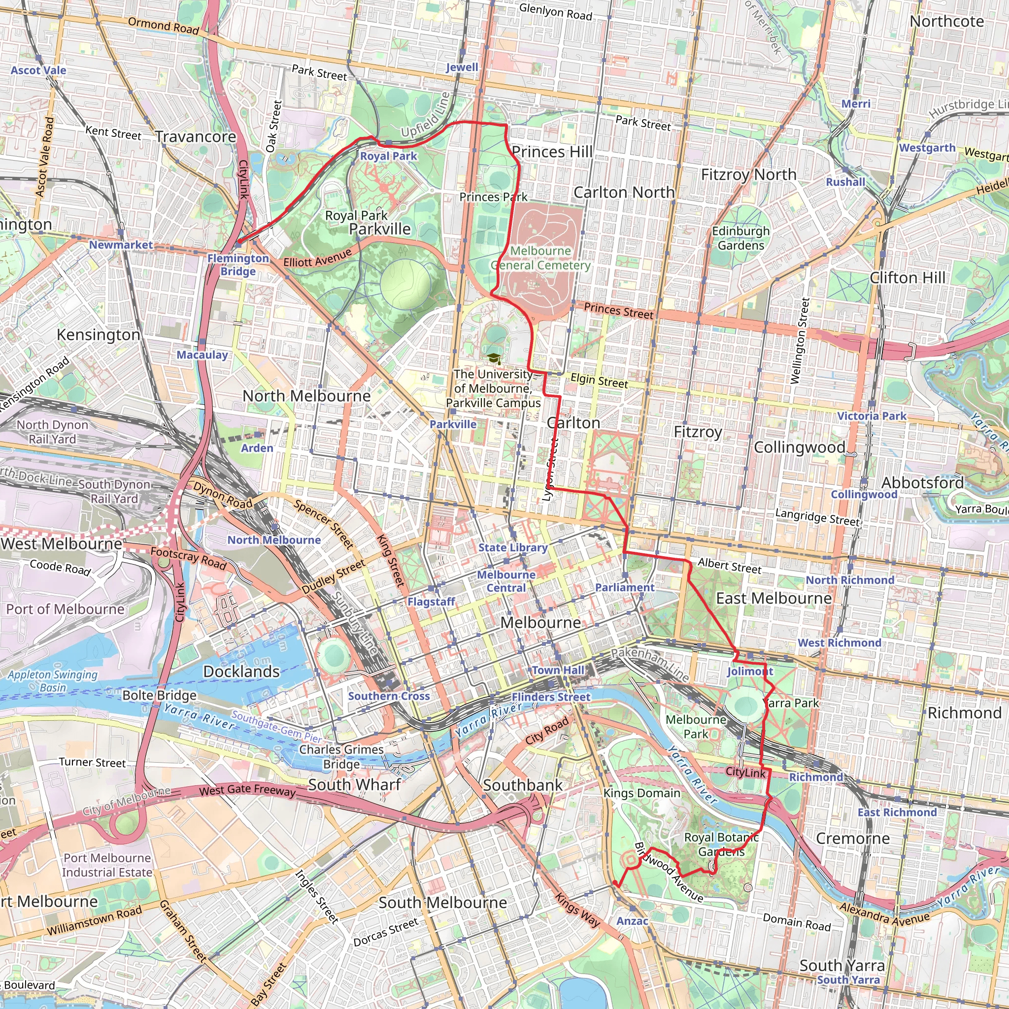 Great Melbourne Parks Walk - Shrine to Flemington mobile static map