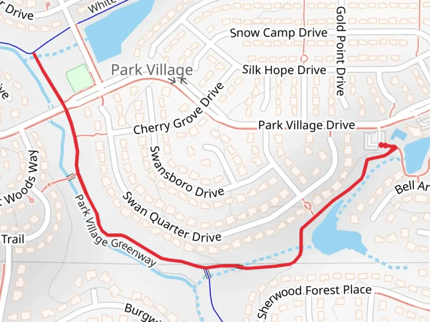 An image depicting the trail White Oak Creek via Park Village Greenway and its surrounding area.