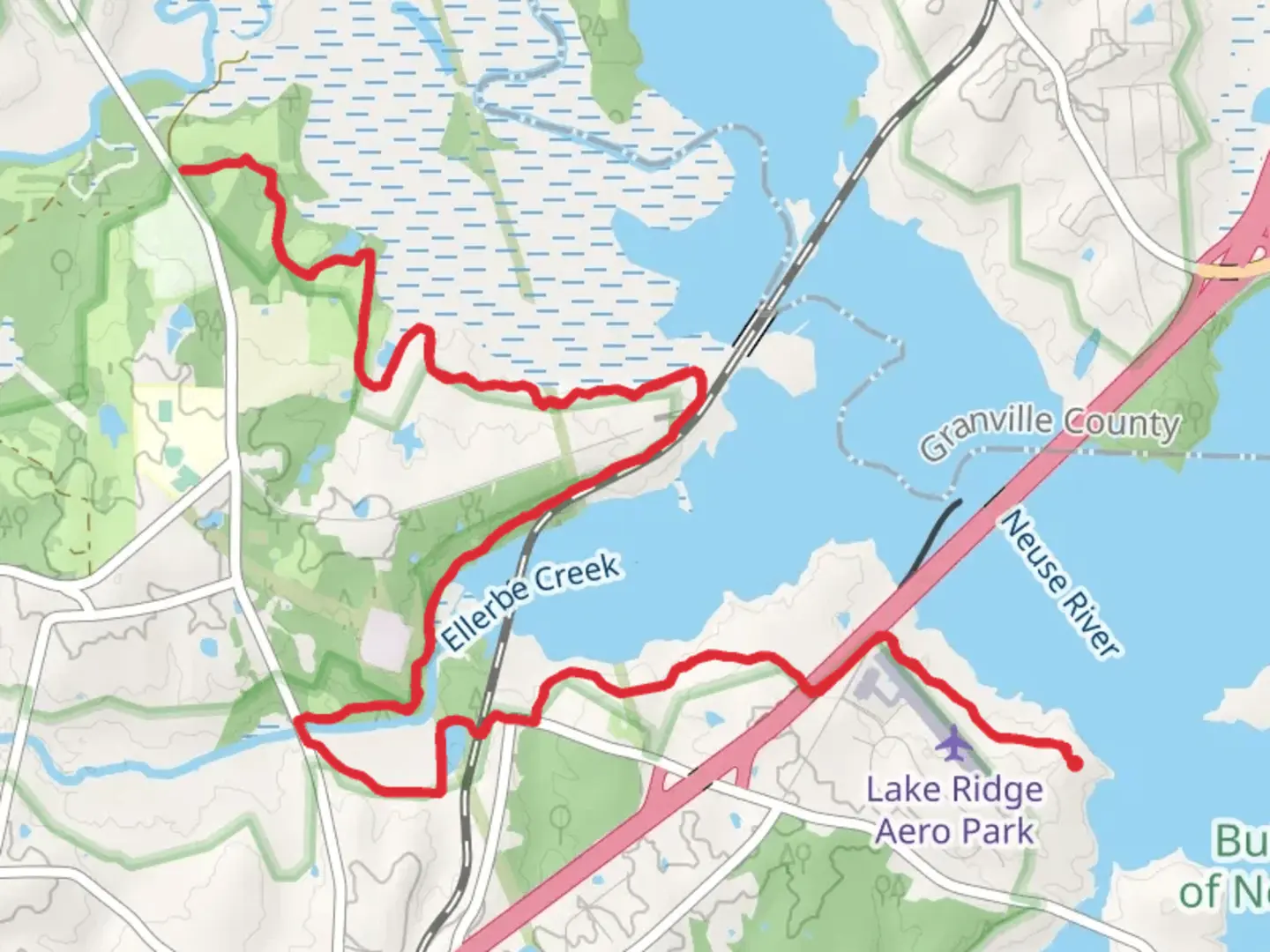 An image depicting the trail Falls Lake Trail from Lake Ridge Aero Park and its surrounding area.