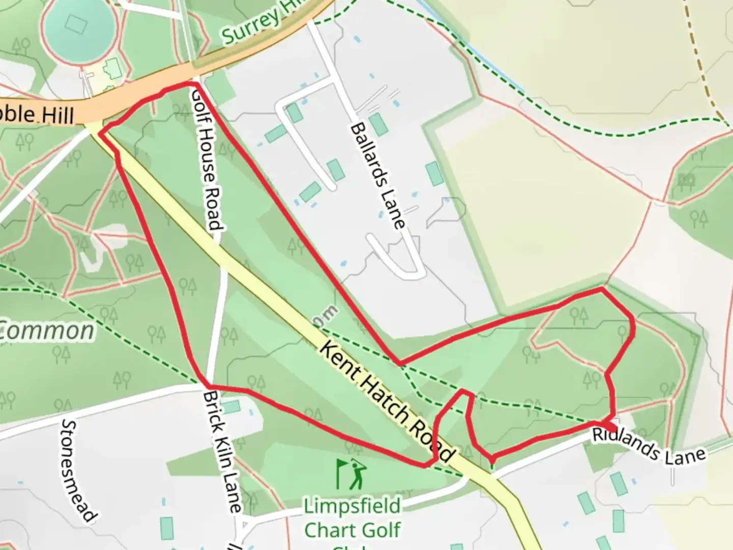 An image depicting the trail Limpsfield Common East Loop and its surrounding area.