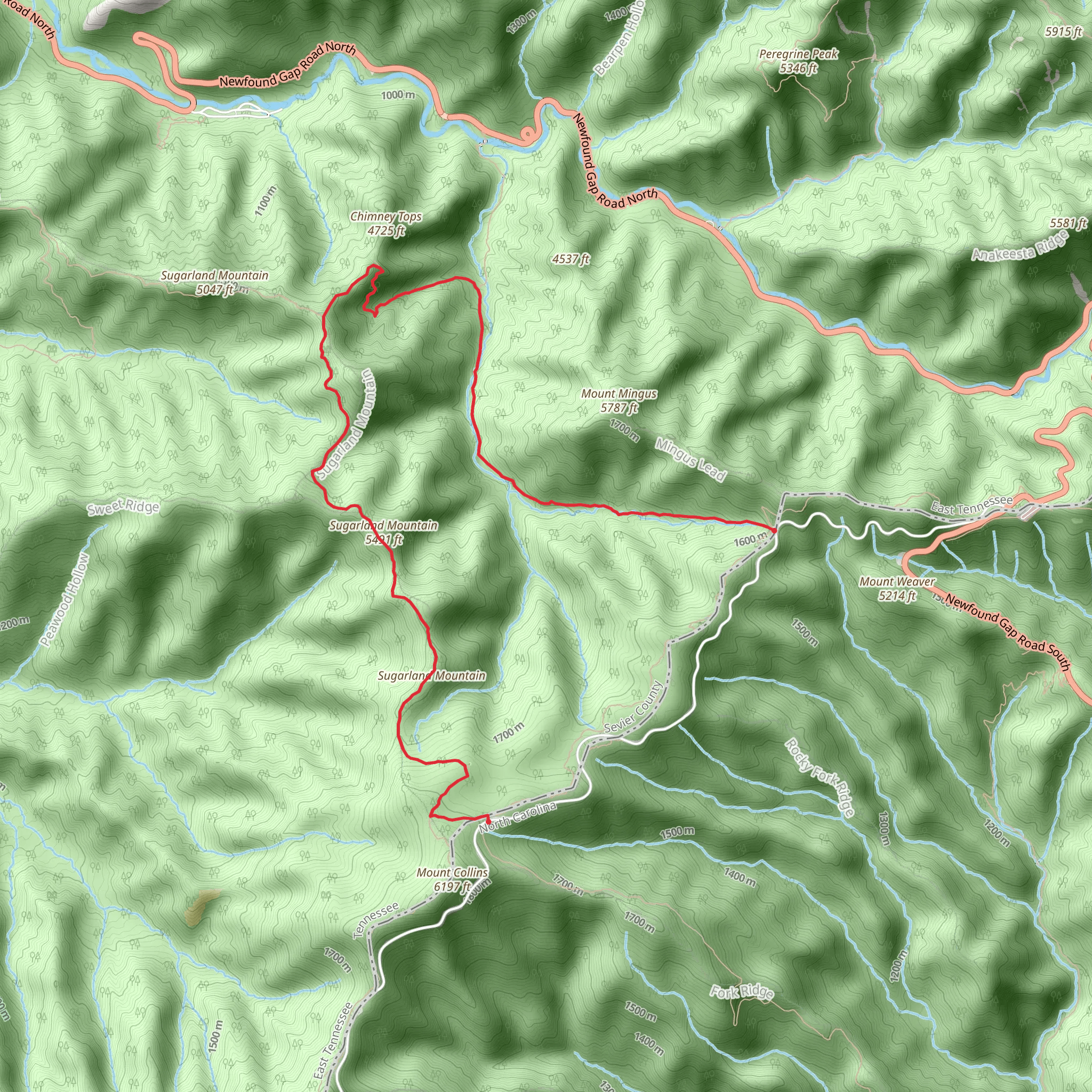 Sugarland Mountain Trail and Road Prong Trail mobile static map