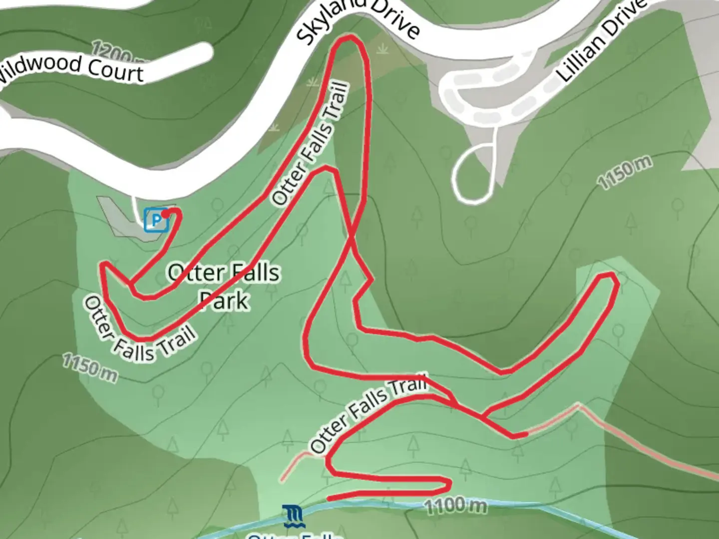 An image depicting the trail Otter Falls Loop and its surrounding area.
