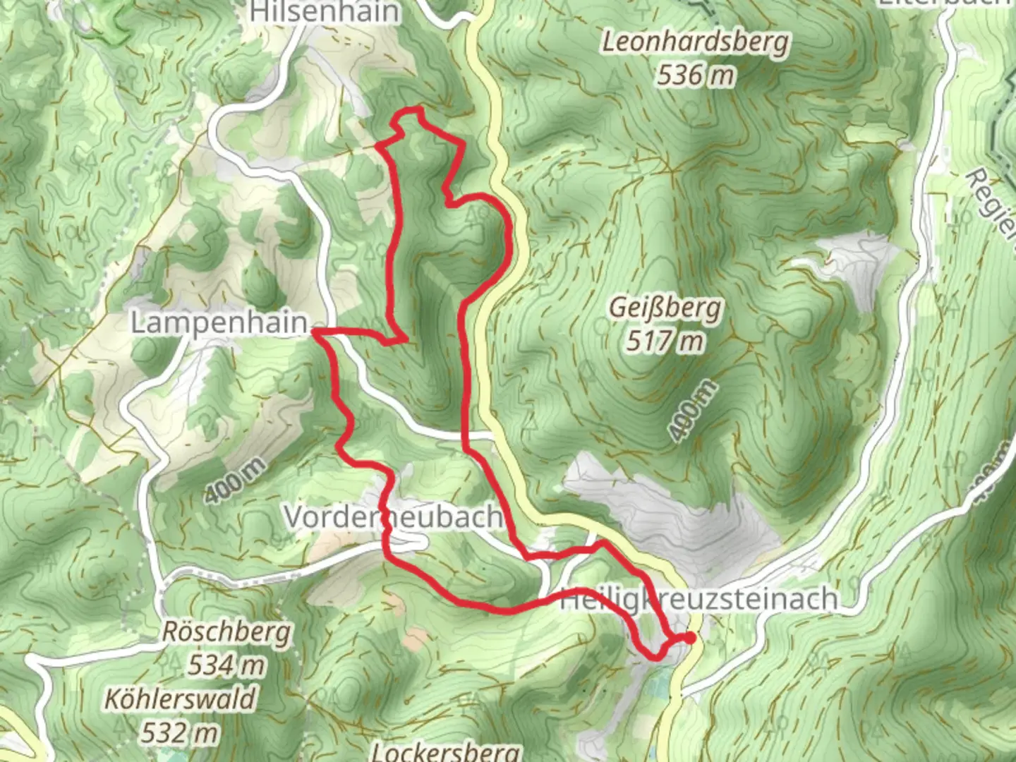 An image depicting the trail Heiligkreuzsteinach and Vorderheubach Loop and its surrounding area.
