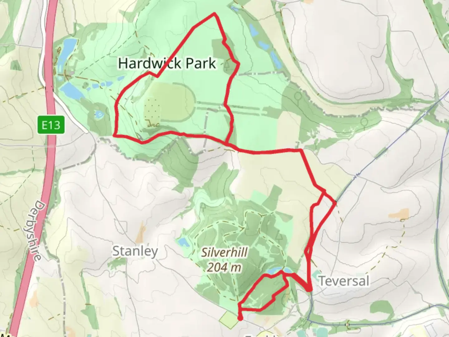 An image depicting the trail Lady Spencer's Wood, Park Piece and Hardwick Park Loop and its surrounding area.