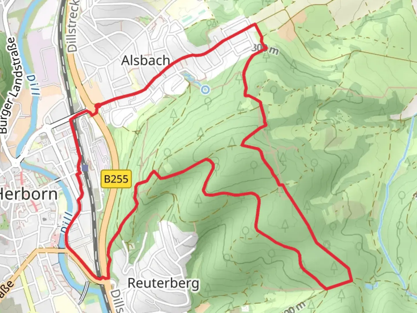 An image depicting the trail Dernbachwiesen and Homberg Weg and its surrounding area.