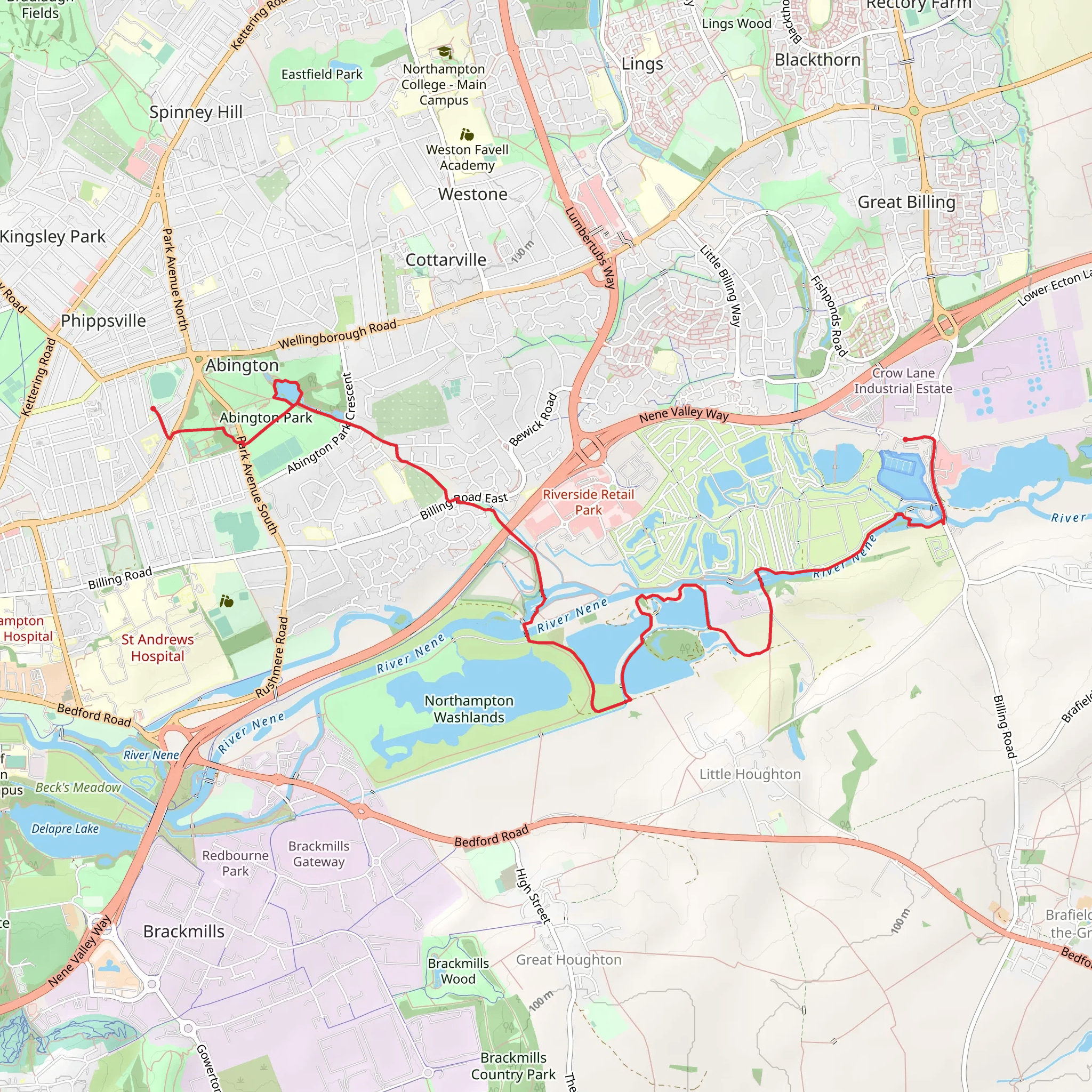 ABington Park to Billing Aquadrome Walk mobile static map