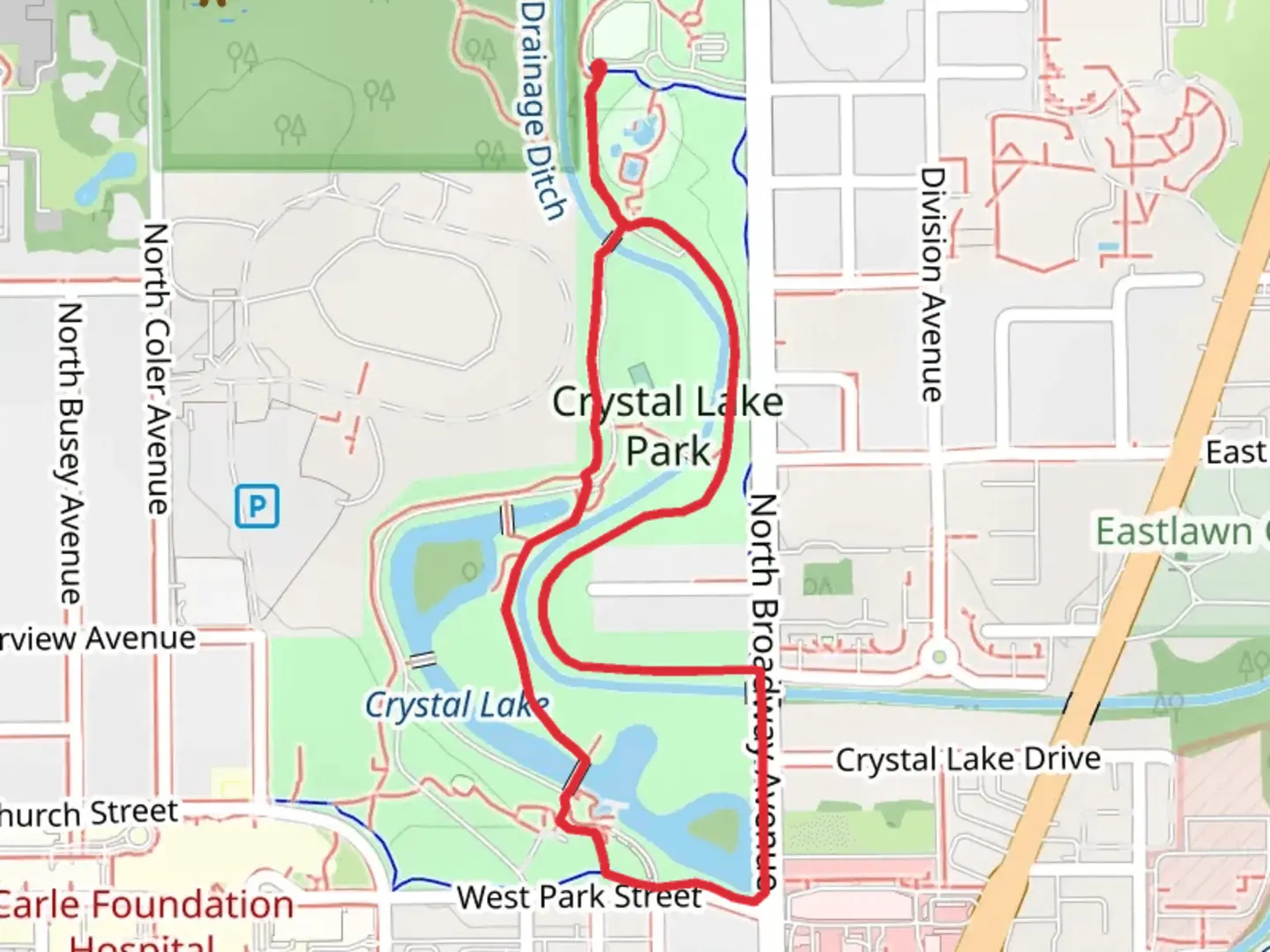 An image depicting the trail Crystal Lake Park Loop and its surrounding area.