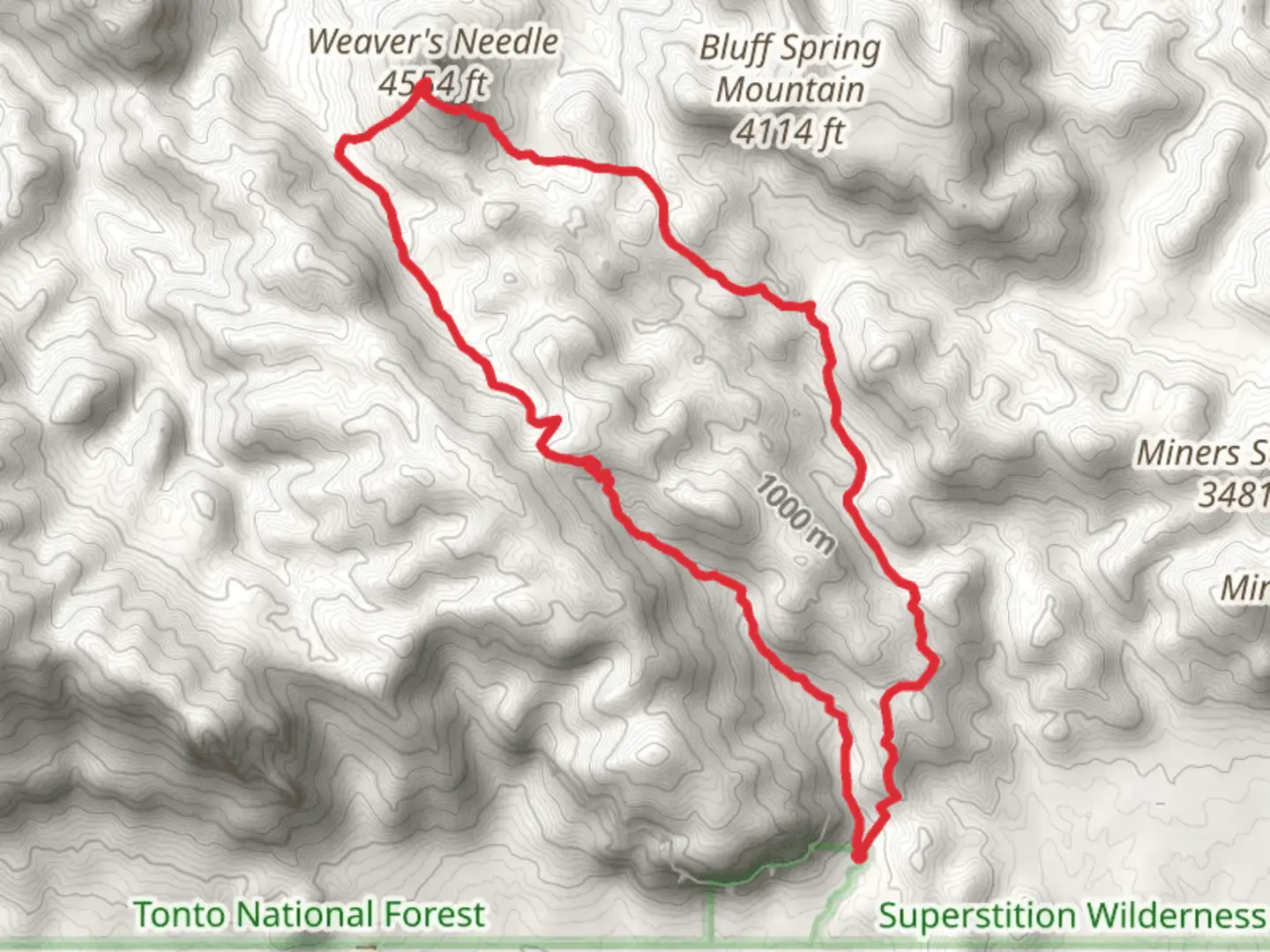 An image depicting the trail Bluff Spring Trail and Weaver's Needle access Loop and its surrounding area.