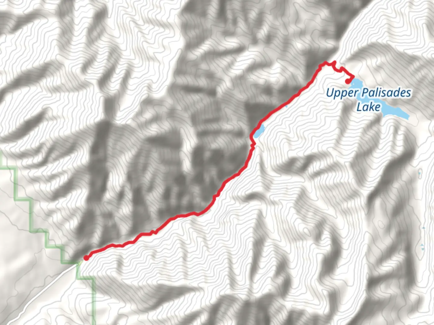 An image depicting the trail Upper and Lower Palisades Lake via Lower Palisades Creek Trail and its surrounding area.